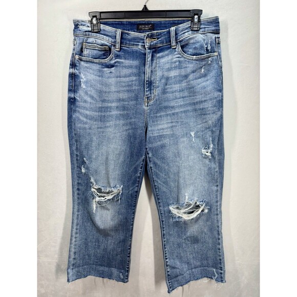 Judy Blue Wide Leg Cropped Jeans Size 16W Destroyed Distressed Stretch Denim - Picture 2 of 10